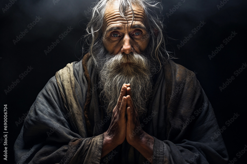 Old man praying in the dark room with his hands folded in prayer Old man praying in the dark room with his hands folded in prayer
