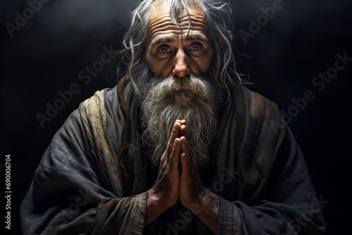 Old man praying in the dark room with his hands folded in prayer