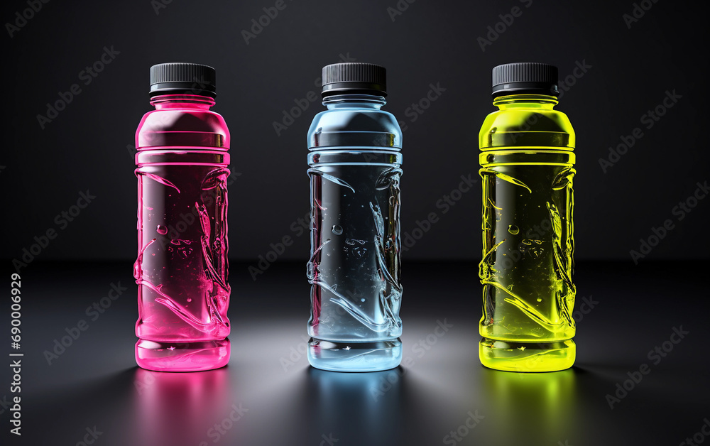 Isotonic energy drink. Sport shape bottles with transperent liquid on the grey background Isotonic energy drink. Sport shape bottles with transperent liquid on the grey background