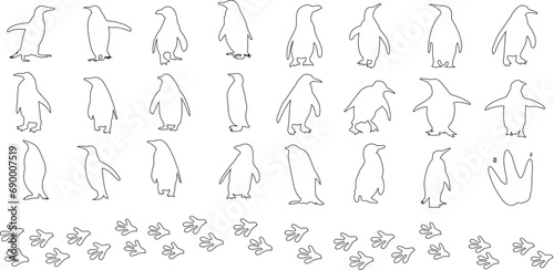 Conjunto de ilustraciones vectoriales de arte de línea de pingüinos, contorno de pingüinos para diseños de invierno, temas de animales. Presenta pingüinos de arte lineal en blanco y negro en varias photo
