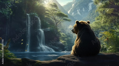 brown bears sitting and relaxing on the edge of the river. seamless looping time-lapse virtual video Animation Background. photo