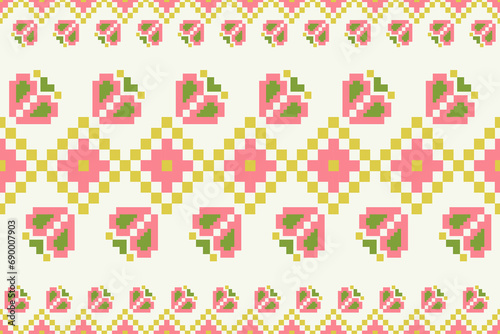 Ethnic floral colorful embroidery border pattern. Vector geometric floral shape seamless pattern pixel art style. Ethnic geometric stitch pattern use for textile border, table runner, tablecloth, etc.