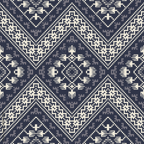 Ethnic geometric monochrome pattern. Vector aztec geometric shape seamless pattern embroidery pixel art style. Aztec geometric pattern use for textile, home decoration elements, upholstery, wrapping.