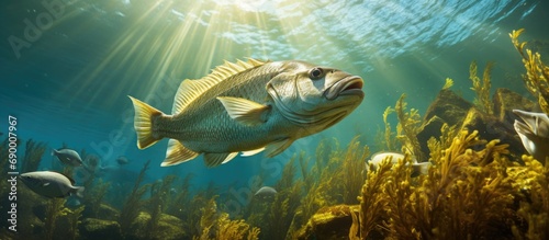 Snapper fish swimming over kelp in sunlit shallow water. photo