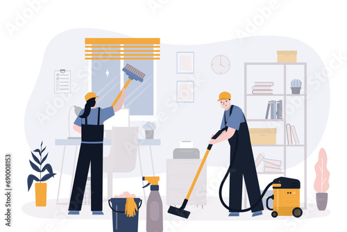 Professional office cleaning services. Male and female characters, cleaning company staff picking up trash, washing window and floor. Office room interior, housekeeping.