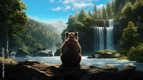 a bear sitting and relaxing on the edge of a waterfall. seamless looping time-lapse virtual video Animation Background. photo