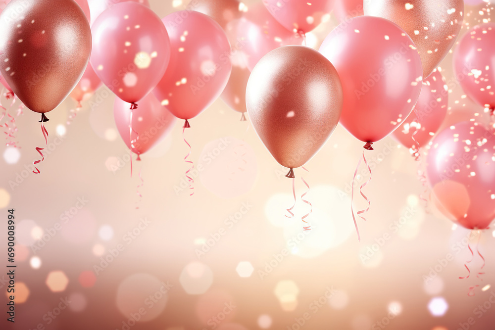 Pink background with a composition of pink air balloons with sparkles, glare, bokeh. Generated by artificial intelligence