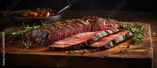 Sliced wagyu flank steak on burnt cutting board. photo
