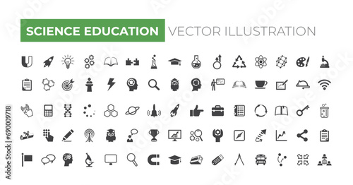 Science Education icon set. Containing classroom, students and teacher icons. Education and knowledge symbol. Solid icons vector collection. 