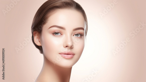 Beautiful woman with beautiful face. Skin care editorial. Female without wrinkles. Beige background 