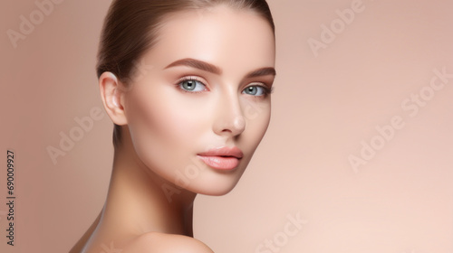 Beautiful woman with beautiful face. Skin care editorial. Female without wrinkles. Beige background 