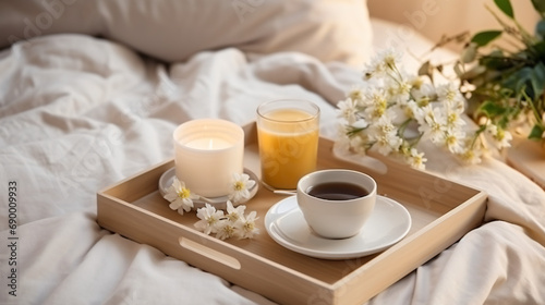 Wooden tray with coffee and warm plaid on white bed