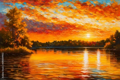 Artistic interpretation of a golden sunset over a Minnesota lake, using vivid colors and expressive brushstrokes to convey the beauty of the moment, Artwork © usama