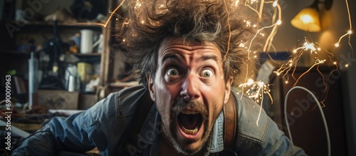 Man getting electric shock while connecting broken electrical cables at home, resulting in a domestic accident of being electrocuted, with a dirty burnt face and a crazy expression, highlights the photo