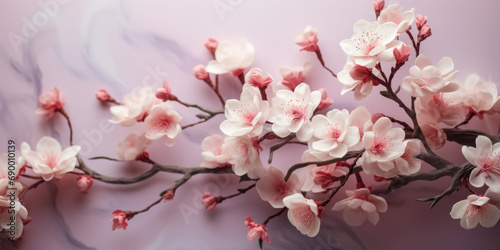 Soft pink cherry blossoms branching out gracefully against a hazy pastel background, evoking a dreamy and delicate spring atmosphere