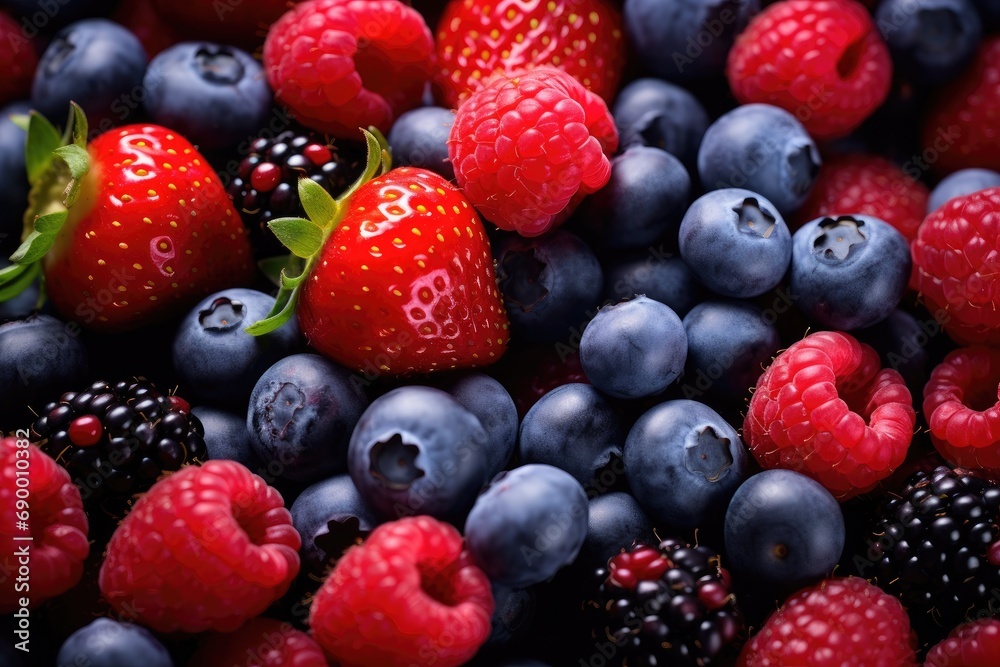 A pile of strawberries, there are several raspberries and blueberries. A pile of strawberries, there are several raspberries and blueberries.