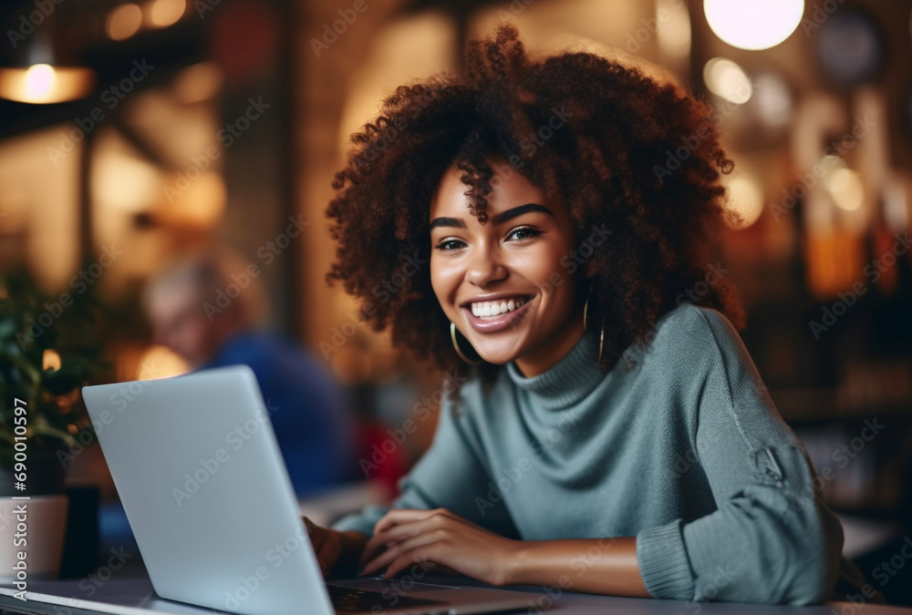Attractive young black woman sitting in front of a laptop smiling - obrazy, fototapety, plakaty 