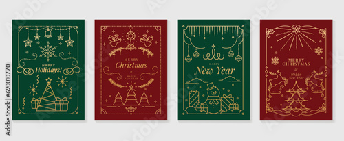 Luxury christmas invitation card art deco design vector. Christmas tree, bauble ball, angel, reindeer, snowman line art on green and red background. Design illustration for cover, poster, wallpaper.