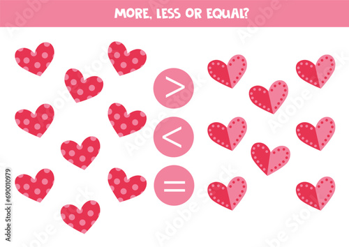 Grater, less or equal with cartoon valentine day hearts.