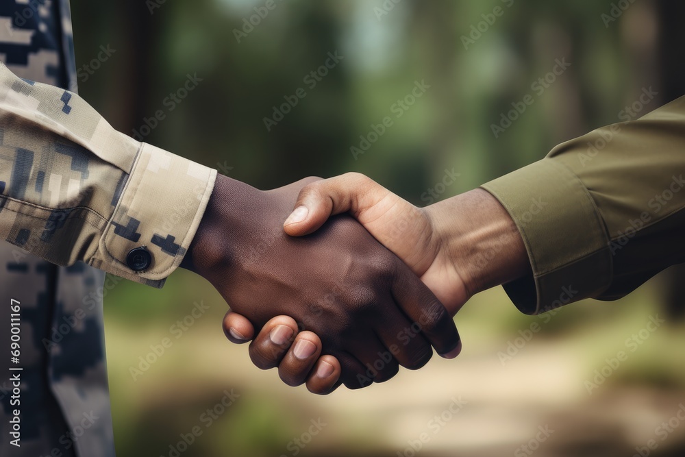 soldiers shaking hands. war peace and end. ceasefire and reconciliation. generative ai - obrazy, fototapety, plakaty 