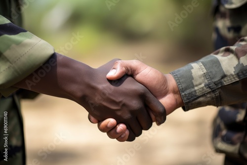 soldiers shaking hands. war peace and end. ceasefire and reconciliation. generative ai photo