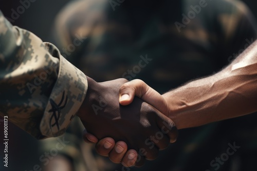 soldiers shaking hands. war peace and end. ceasefire and reconciliation. generative ai photo