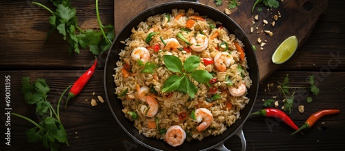 Thai shrimp fried rice prepared in wok, viewed from above.