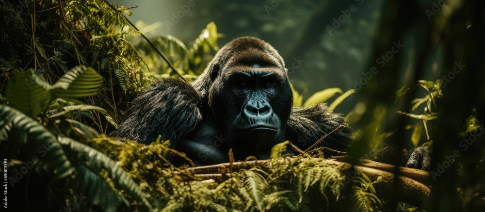 A silverback mountain gorilla rests in the undergrowth of Uganda's Bwindi Impenetrable forest, a world heritage site. - obrazy, fototapety, plakaty 