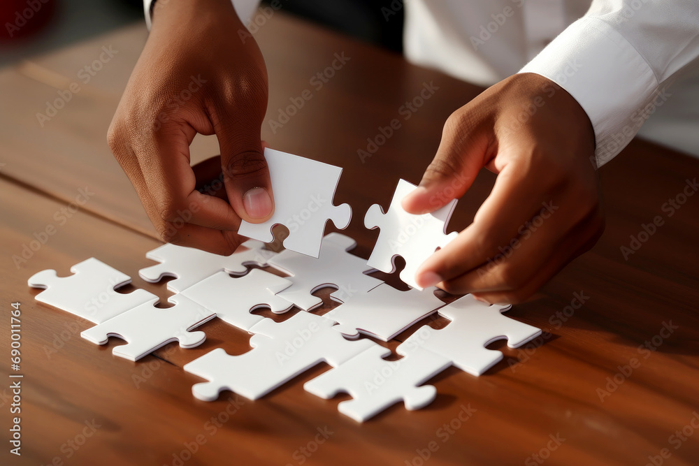 Obraz premium Hand holding jigsaw puzzles, Business partnership concept.AI Generative