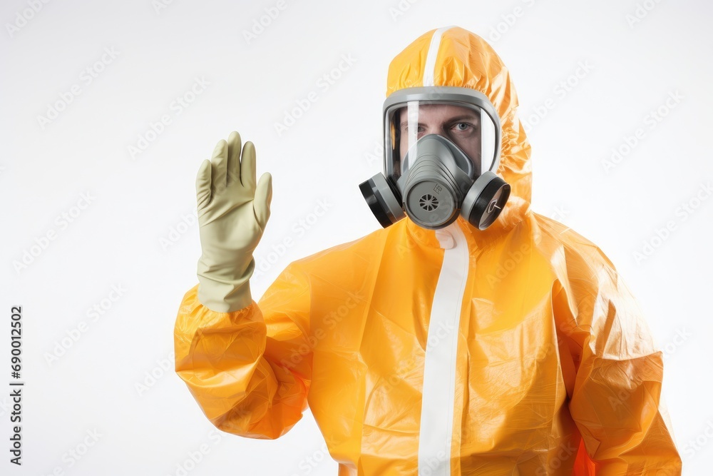 A person in a yellow hazmat suit and gas mask in white background .generative ai A person in a yellow hazmat suit and gas mask in white background .generative ai
