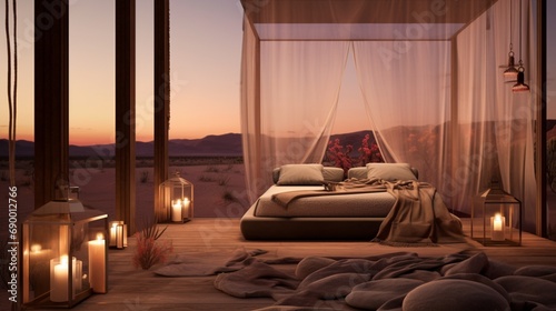 The Desert Mirage Sleeping Oasis, with a four-poster bed, ambient lighting, and desert-inspired artwork, evoking a sense of peace and tranquility in the midst of the arid surroundings.