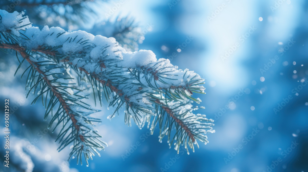 Fir branches covered with hoarfrost on a blue background.