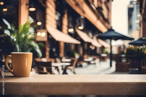 a coffee cup on a wooden table in an italian village , copy space 