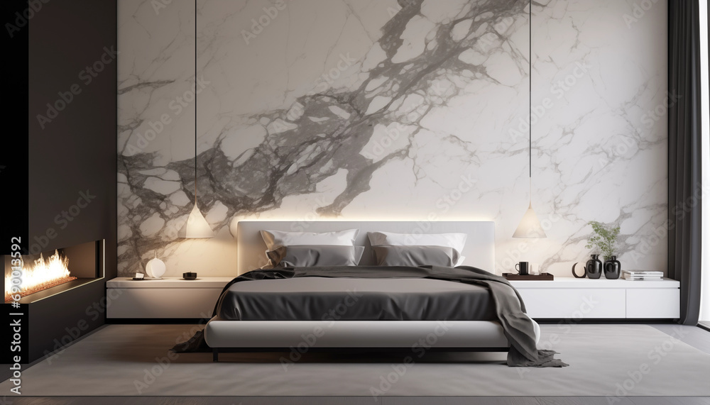 interior of a bedroom with huge marble wall white black gray - obrazy, fototapety, plakaty 