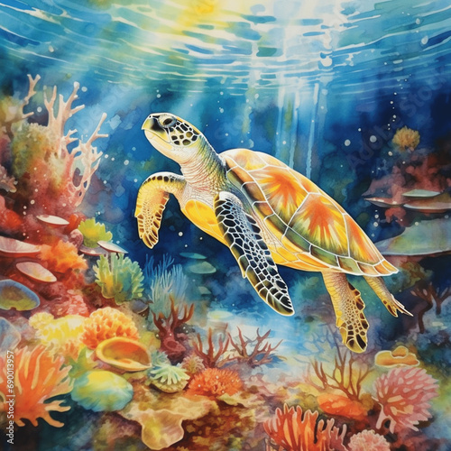 Watercolor illustration of a sea turtle swimming in the sea and beautiful corals and sea anemones.
