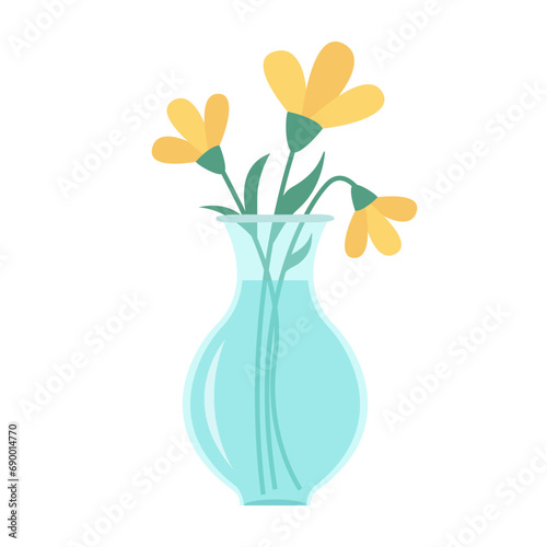 Flower set in vase . Glass vases with blue water. Cute colorful icon collection. Yellow daisy flowers. Green leaves. Ceramic Pottery Glass decoration. White background. Flat design.