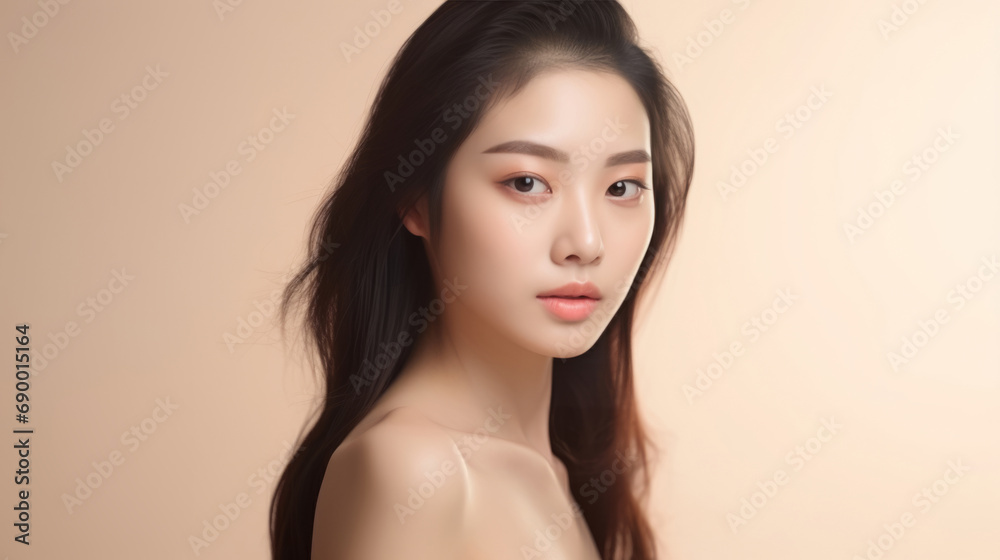 Young asian girl with perfect skin on beige background. Female Skin care editorial. Asian beauty portrait. Young asian girl with perfect skin on beige background. Female Skin care editorial. Asian beauty portrait.