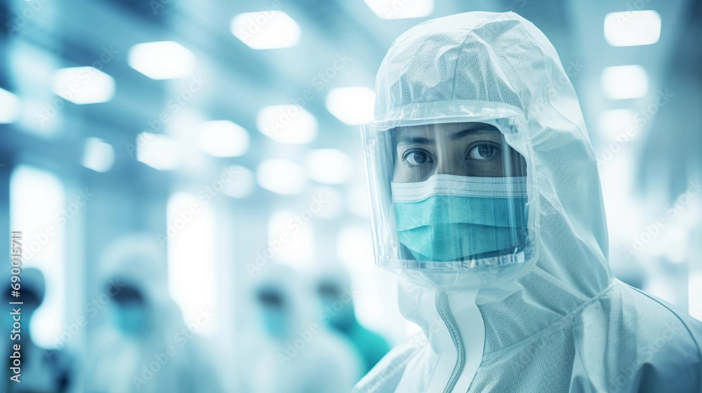 copy space, stockphoto, portrait of a technician in spacial clothing in a semiconductor production clean room. High tech technology. Semi conductor production plant. Clean room worker. Engineer portra copy space, stockphoto, portrait of a technician in spacial clothing in a semiconductor production clean room. High tech technology. Semi conductor production plant. Clean room worker. Engineer portra