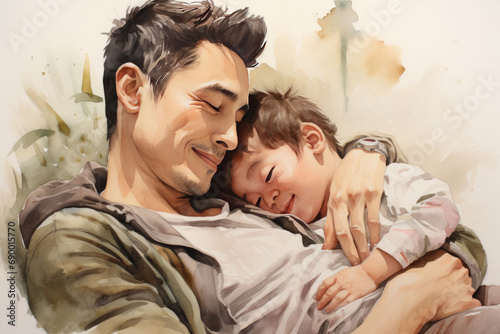 Watercolor father and his little son portrait. AI generative
