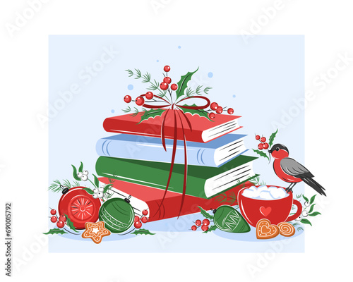 Books with winter holiday decor. Layout design for bookstore, market,  library. Vector illustration