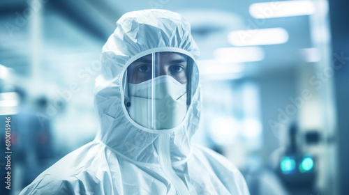 copy space, stockphoto, portrait of a technician in spacial clothing in a semiconductor production clean room. High tech technology. Semi conductor production plant. Clean room worker. Engineer portra photo