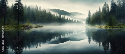 Misty forest morning with lake reflection.
