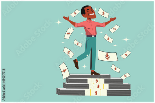 black man standing on money, lucky rich wealthy, freedom concept, minimal flat vector illustration  