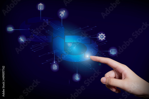 Businessman pressing high tech type of infinity agile methodology infographic modern buttons on a virtual background