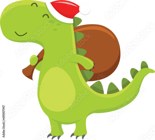 Cute Little Dino With Santa Hat Holding Sack