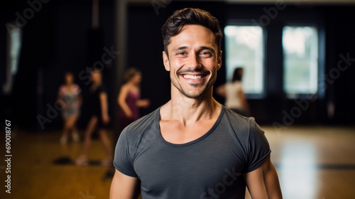 Portrait of a passionate choreographer smiling, with a dance studio and dancers in the background