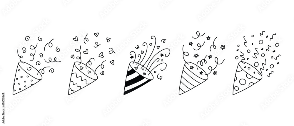 Confetti Popper Set for Party. Collection Isolated confetti, explosion, firecracker, celebration in doodle style. Vector illustration. - obrazy, fototapety, plakaty 