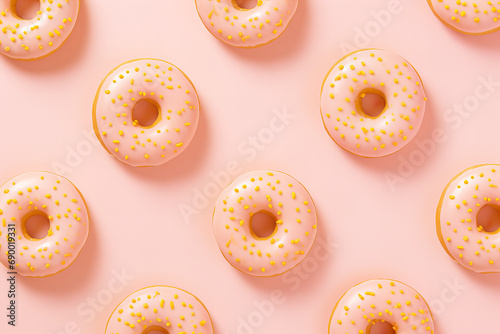 donut pattern with peach fuzz  glaze on a pastel peach background flat lay