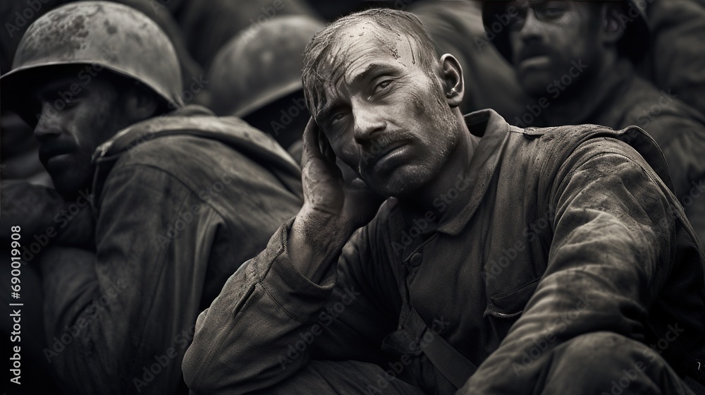 Fototapeta premium Sad soldiers in world war, black and white photo