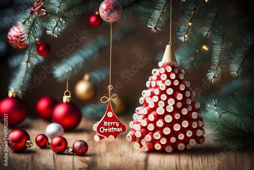 Christmas background with Christmas tree toys and Merry Christmas text. Christmas card